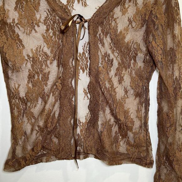 Y2K Top Chocolate Brown‎ Lace Tie Up Cardigan/Bolero Unbranded See Through Lace - Picture 3 of 4